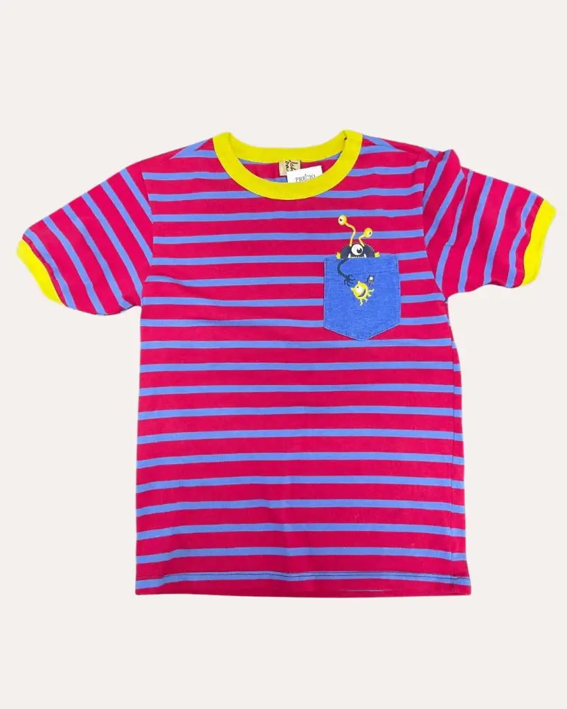 FRANELA ROJA DE RAYAS AZULES CON AMARILLO 