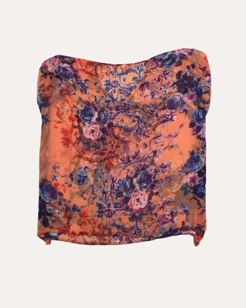 BLUSA NARANJA CON FLORES MORADAS