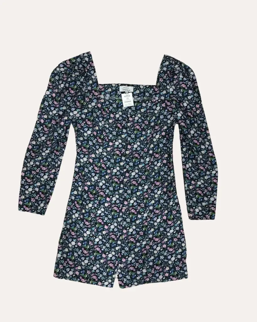 VESTIDO FLORES MORADAS, ROSAS Y AZUL 