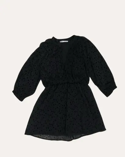 [JLV969] VESTIDO  NEGRO CON FLORES NEGRAS DE TERSIOPELO 